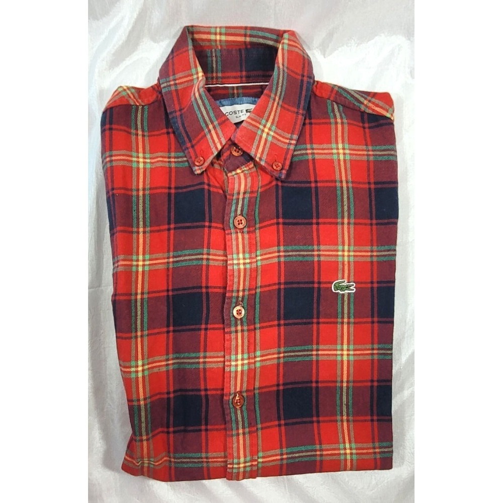 Lacoste Men's Slim Fit‎ Long Sleeve Button Collar Plaid Flannel - Red - Sz 40